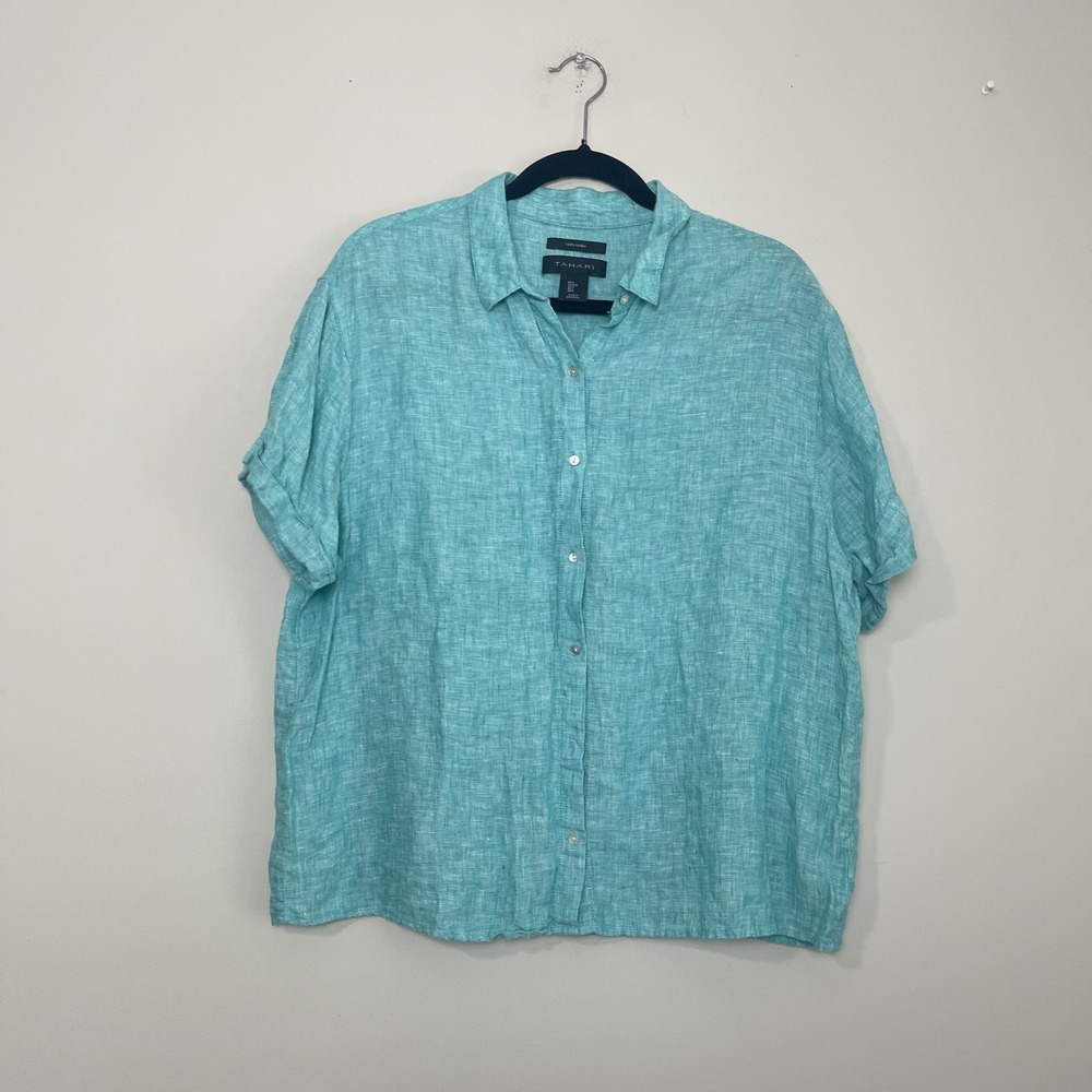 Tahari 100% Linen Turquoise Boxy Button Down Top Coastal Resort Quiet Luxury